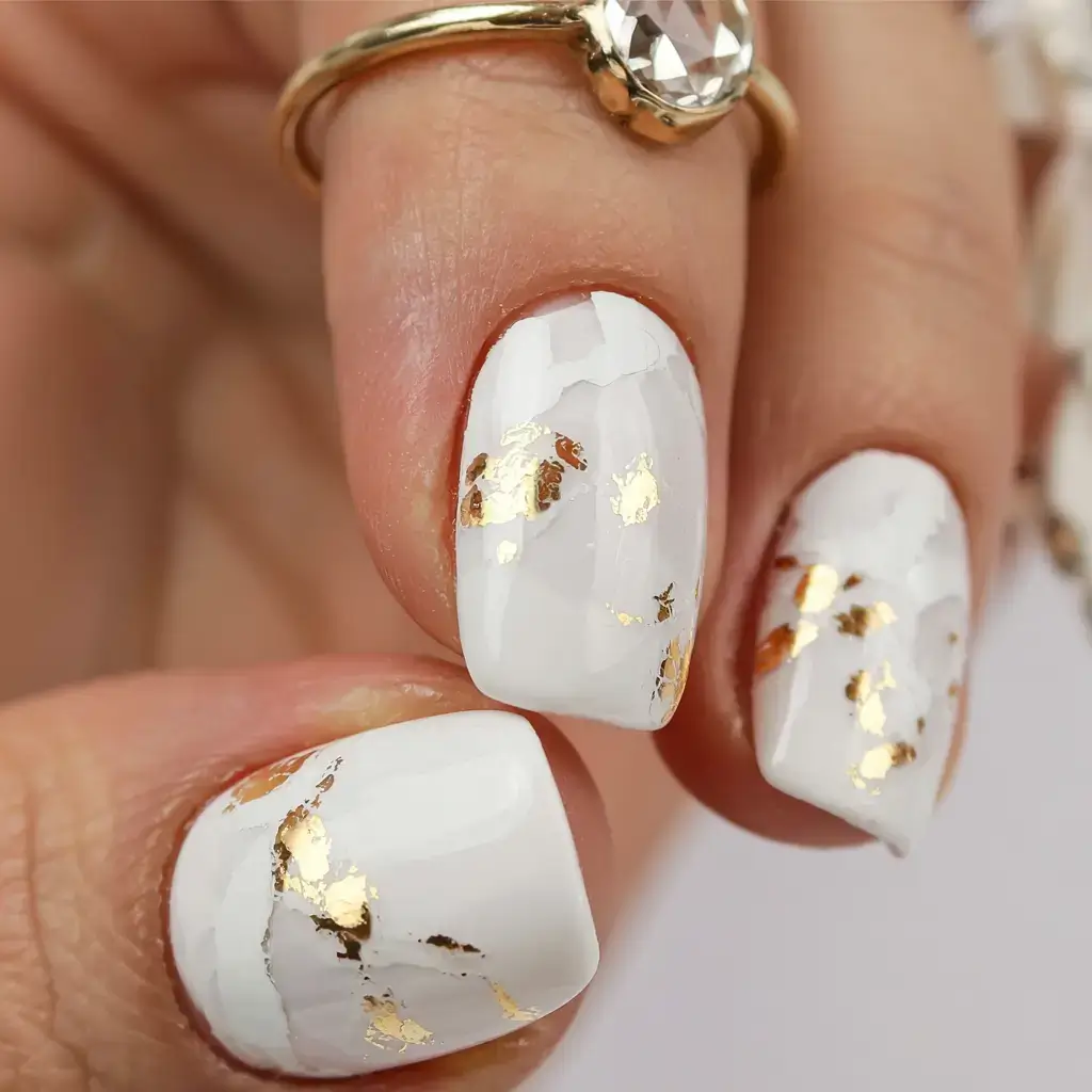 fall foil accent nails 2025 White Marble with Gold Veins