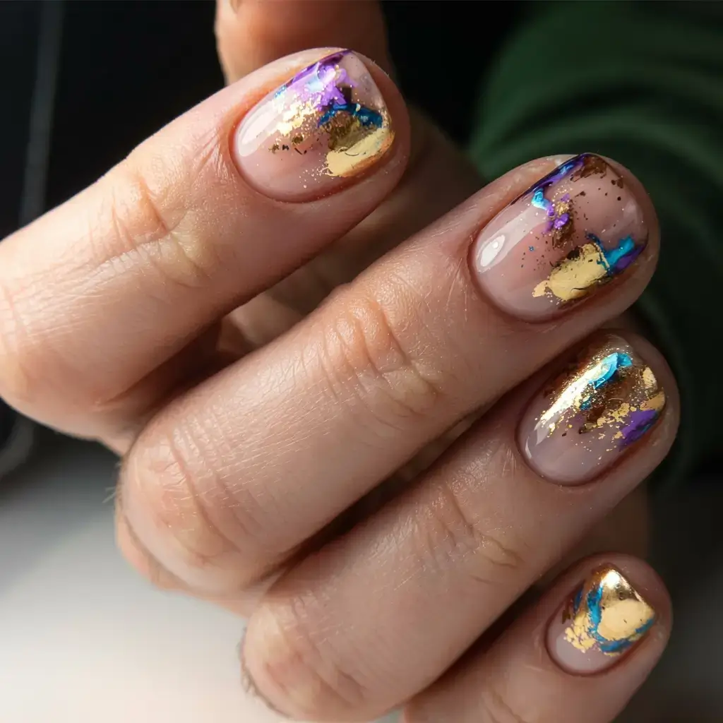 fall foil accent nails 2025 Vibrant Foil with Jewel-Tone Pops