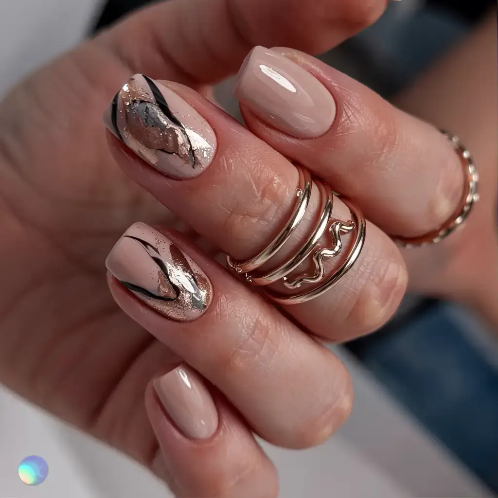 fall foil accent nails 2025 Modern Neutrals with Graphic Foil