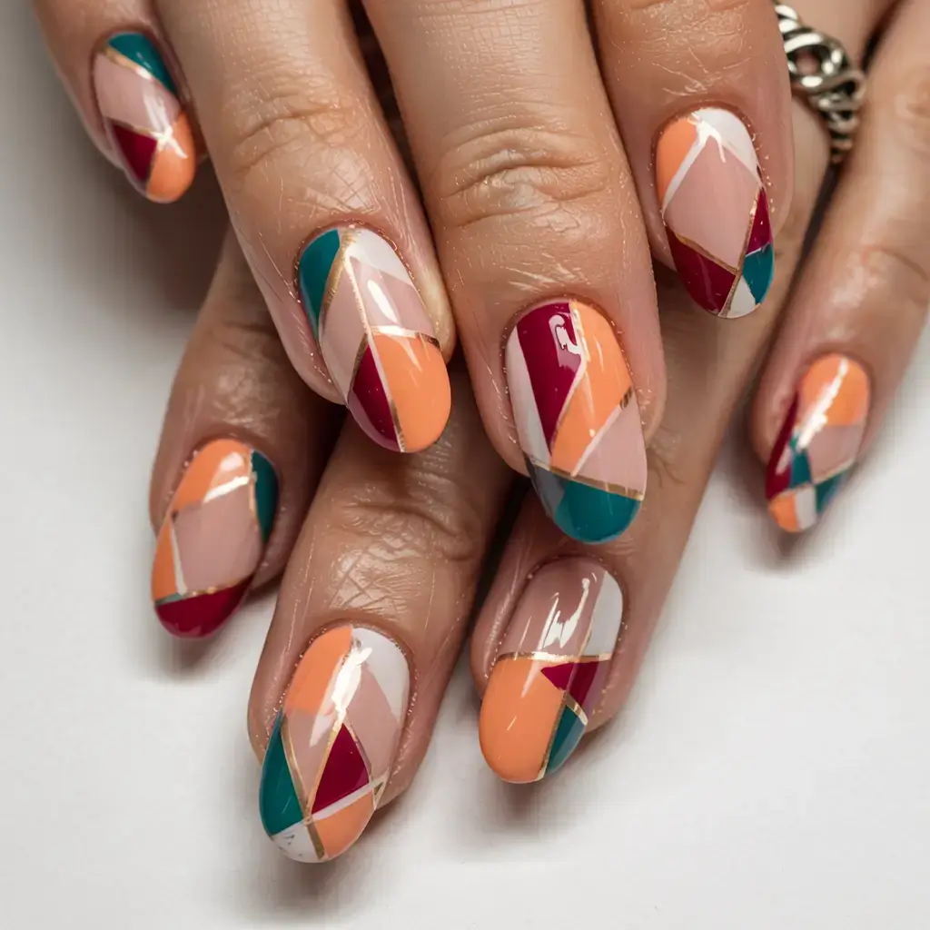 fall geometric nails 2025 Patchwork Chic