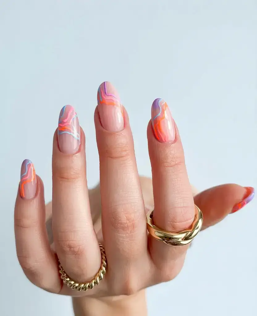 fall geometric nails 2025 Sunset Marble Waves