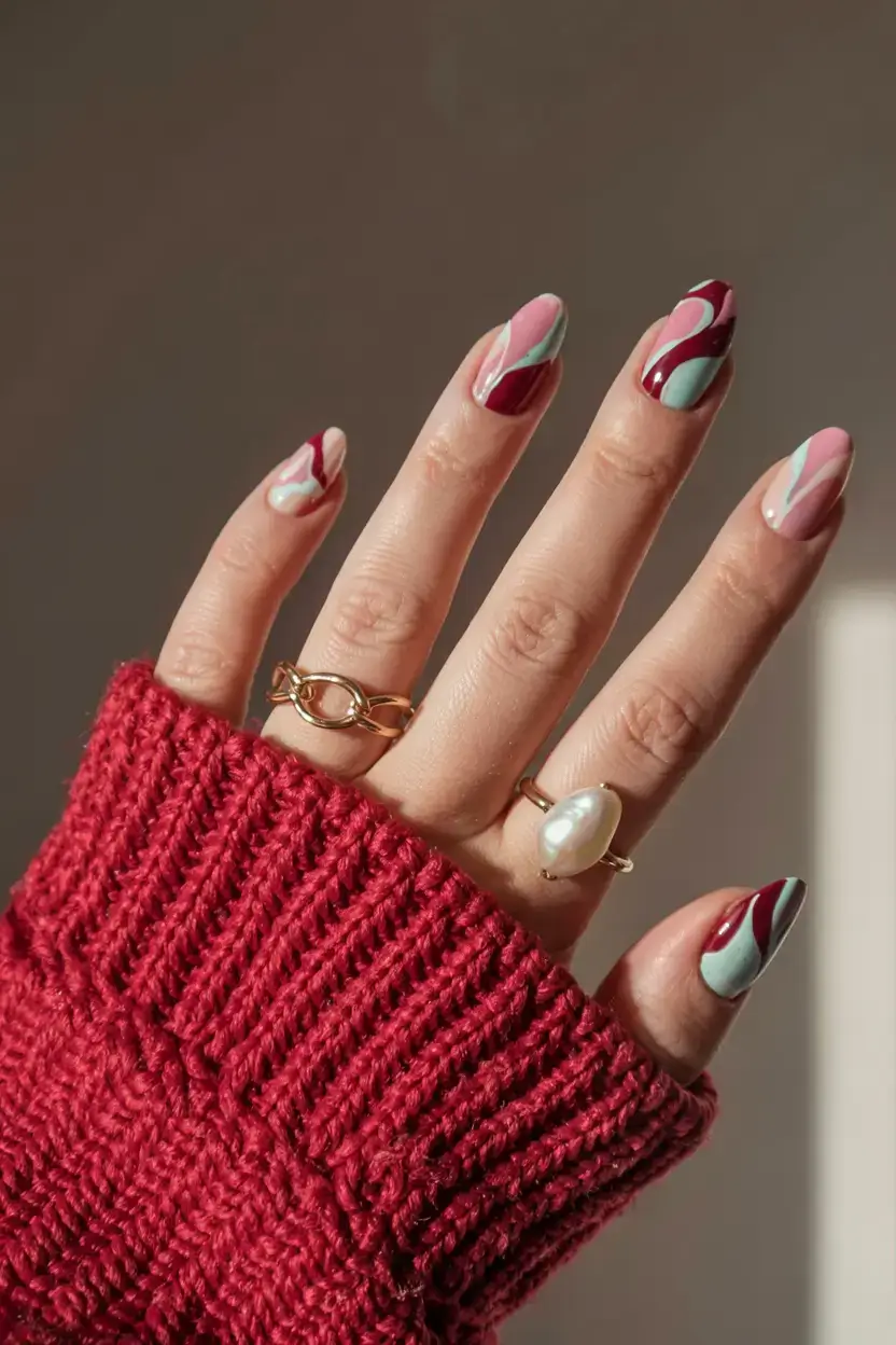 fall geometric nails 2025 Cranberry & Mint Flow