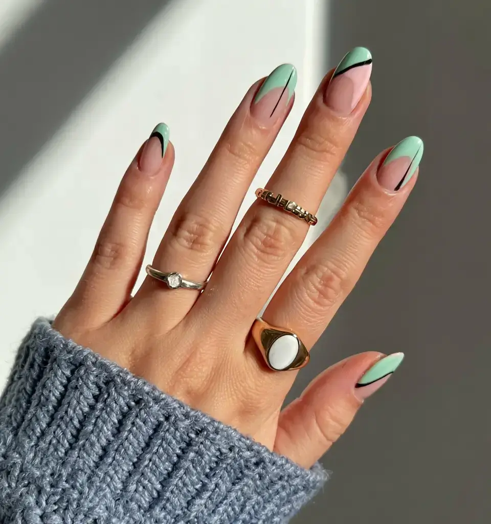 fall geometric nails 2025 Mint & Black Minimalism
