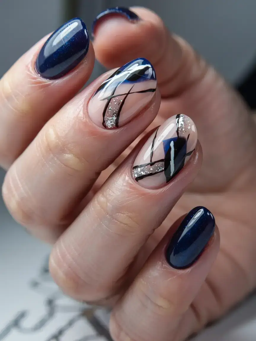 fall geometric nails 2025 Blue Depths and Silver Sparks