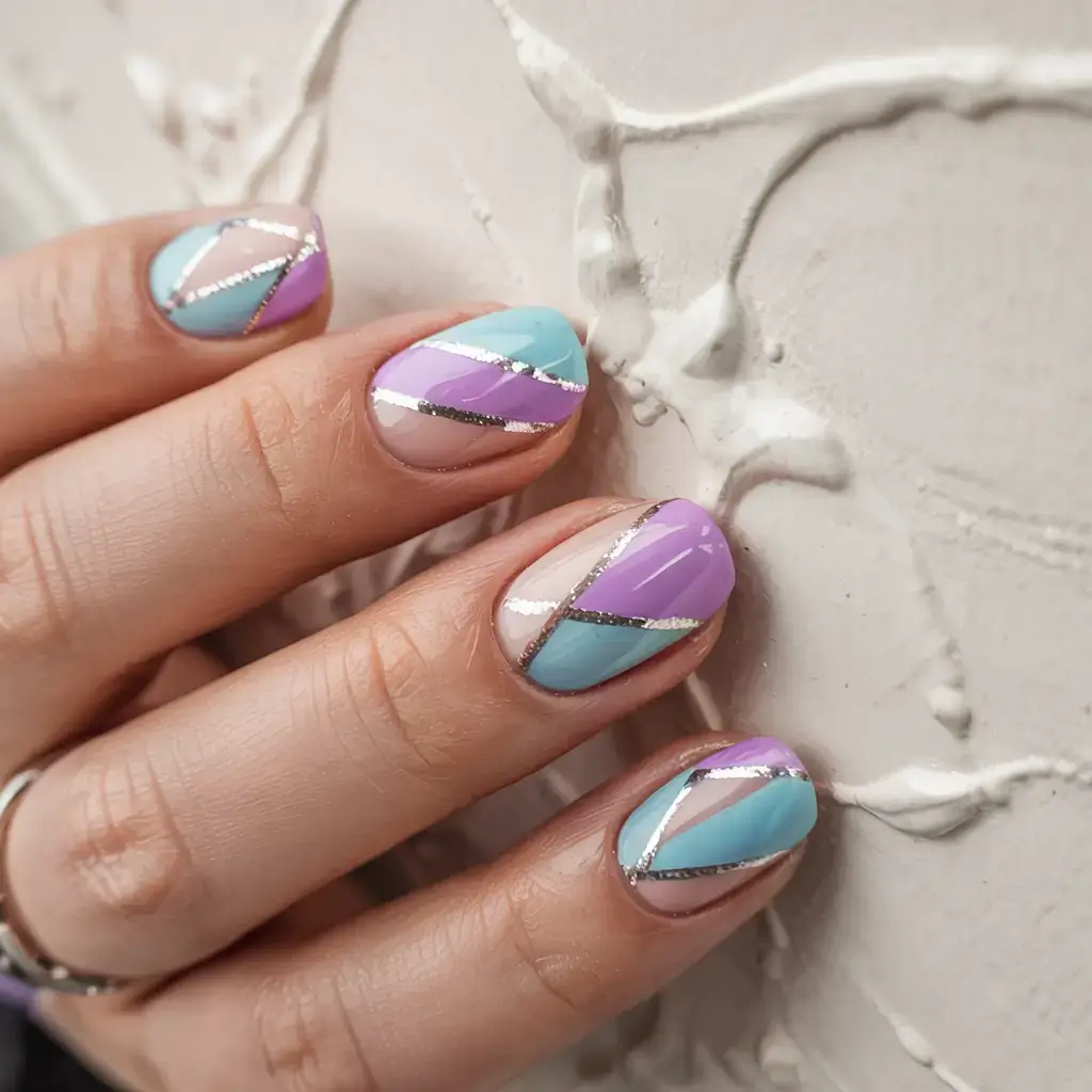 fall geometric nails 2025 Pastel Geometry with a Metallic Edge