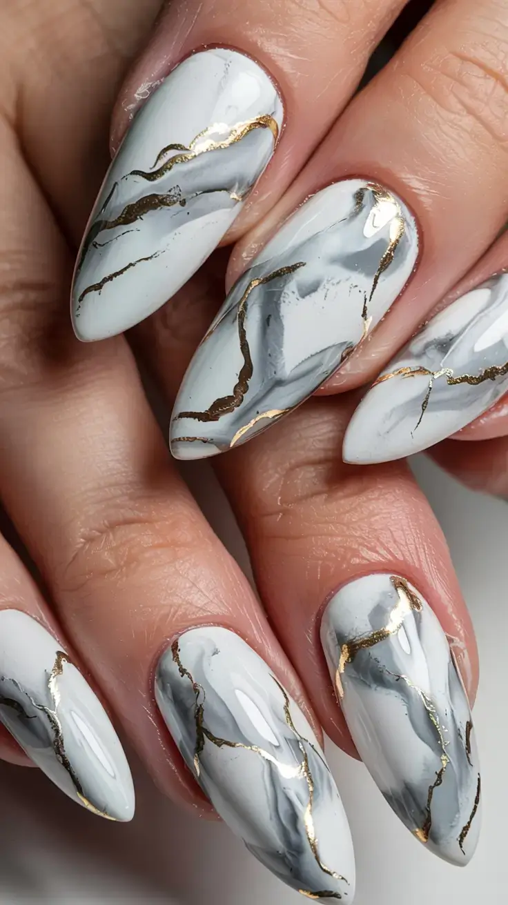 fall marble nails 2025 Golden Veins on Porcelain