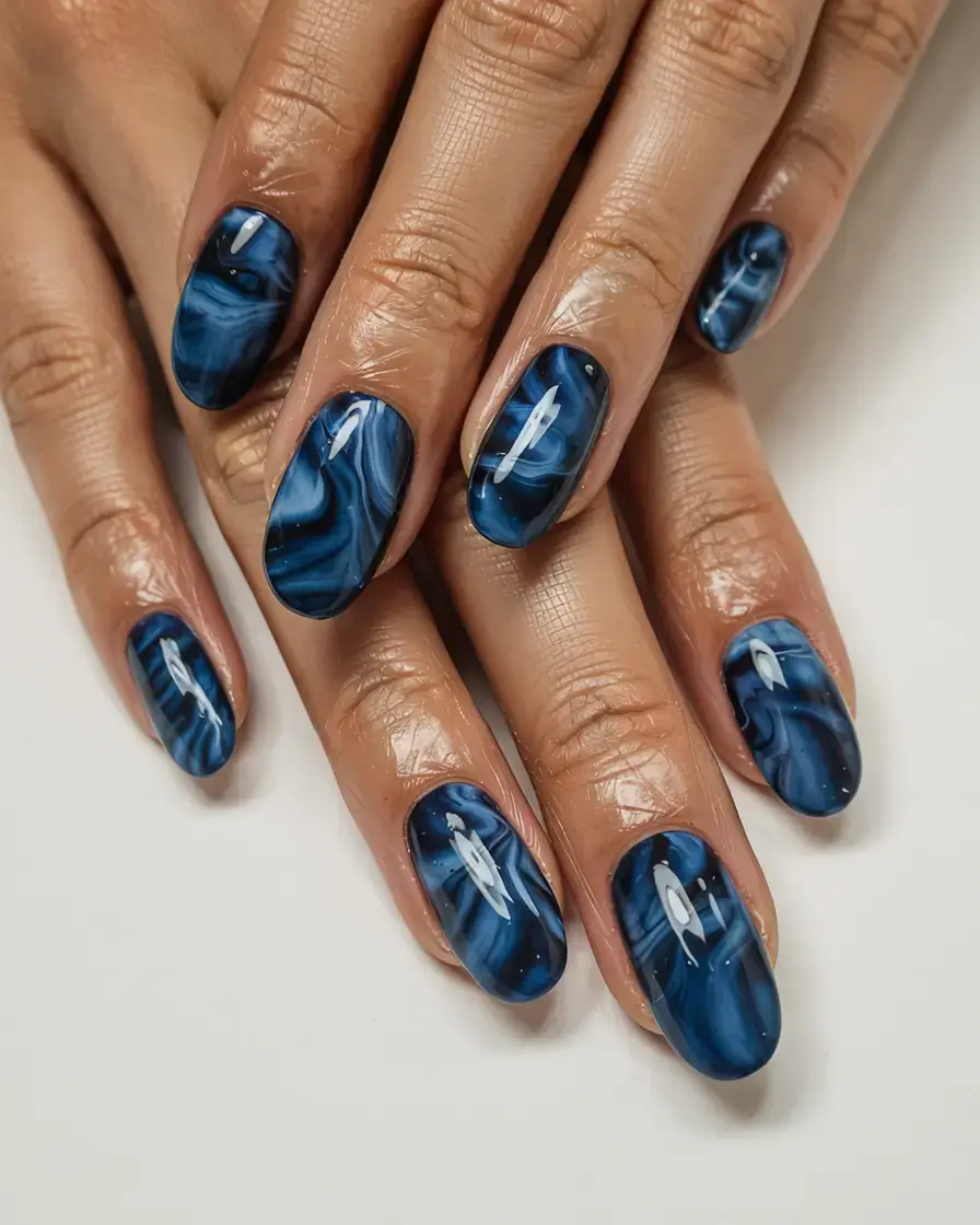 fall marble nails 2025 Midnight Marble Waves