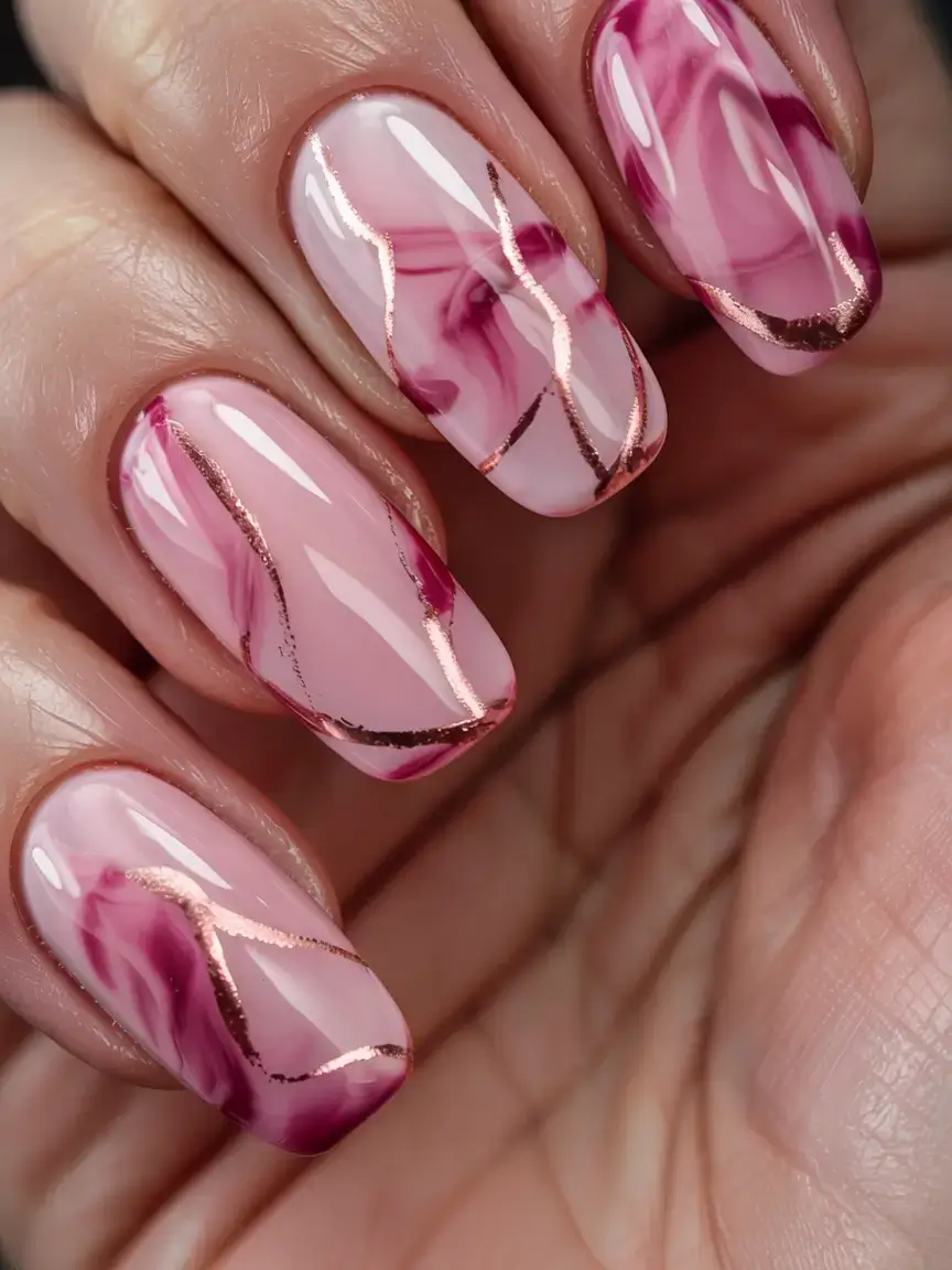 fall marble nails 2025 Rose Gold Marble Veins