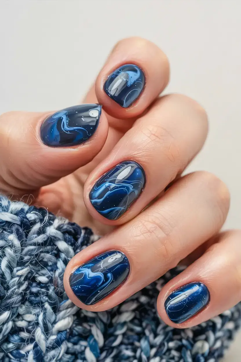 fall marble nails 2025 Deep Sapphire Marble