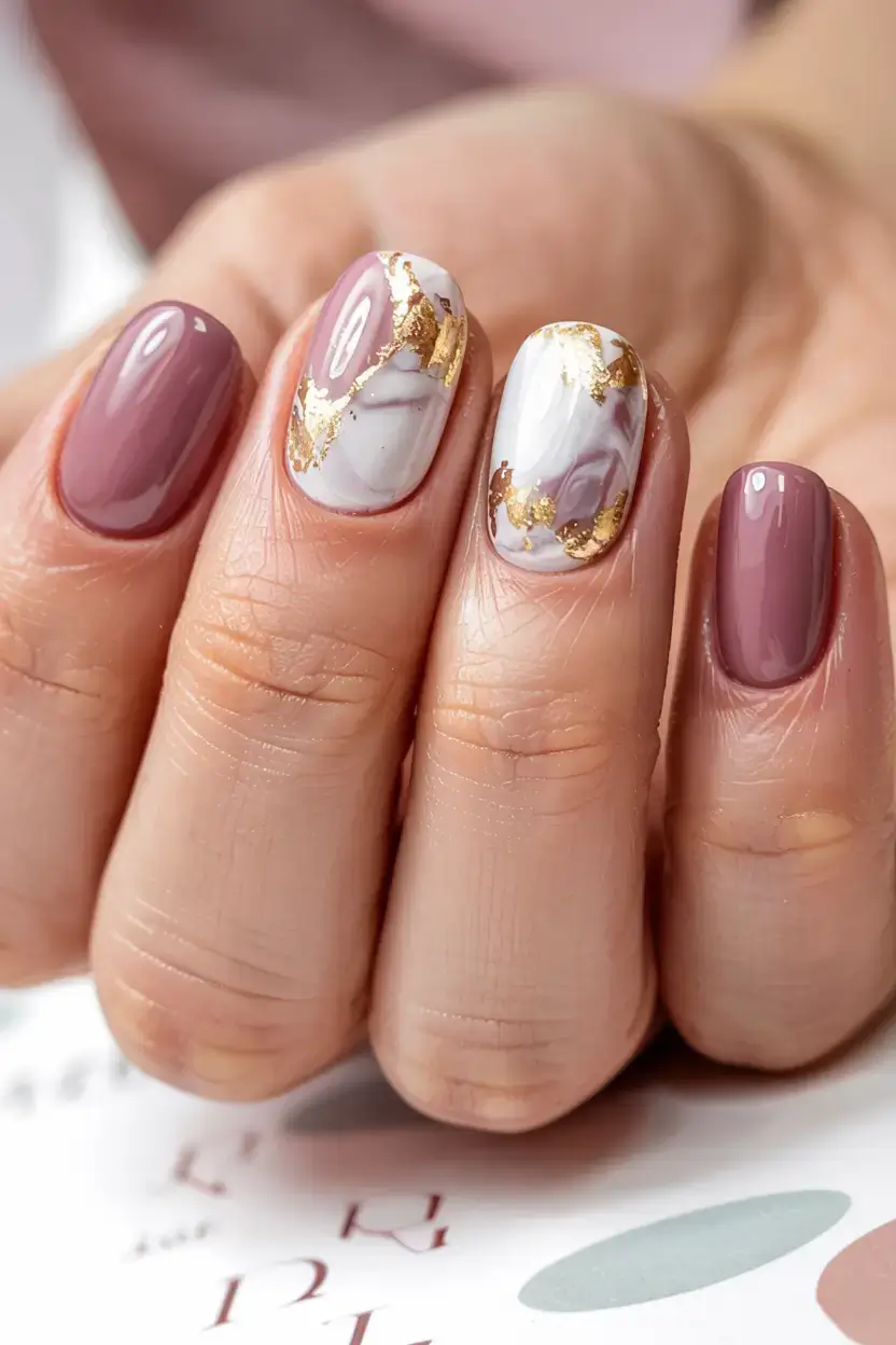 fall marble nails 2025 Mauve & Gold Marble Fusion