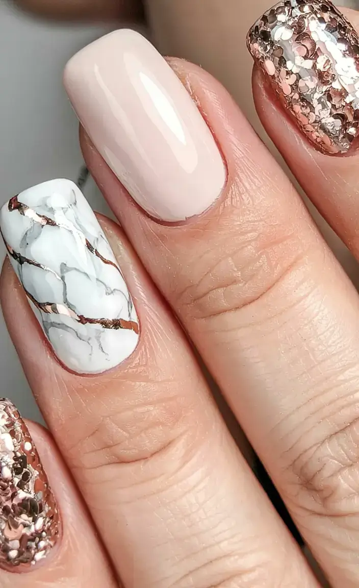 fall marble nails 2025 Rose Gold & Glitter Marble
