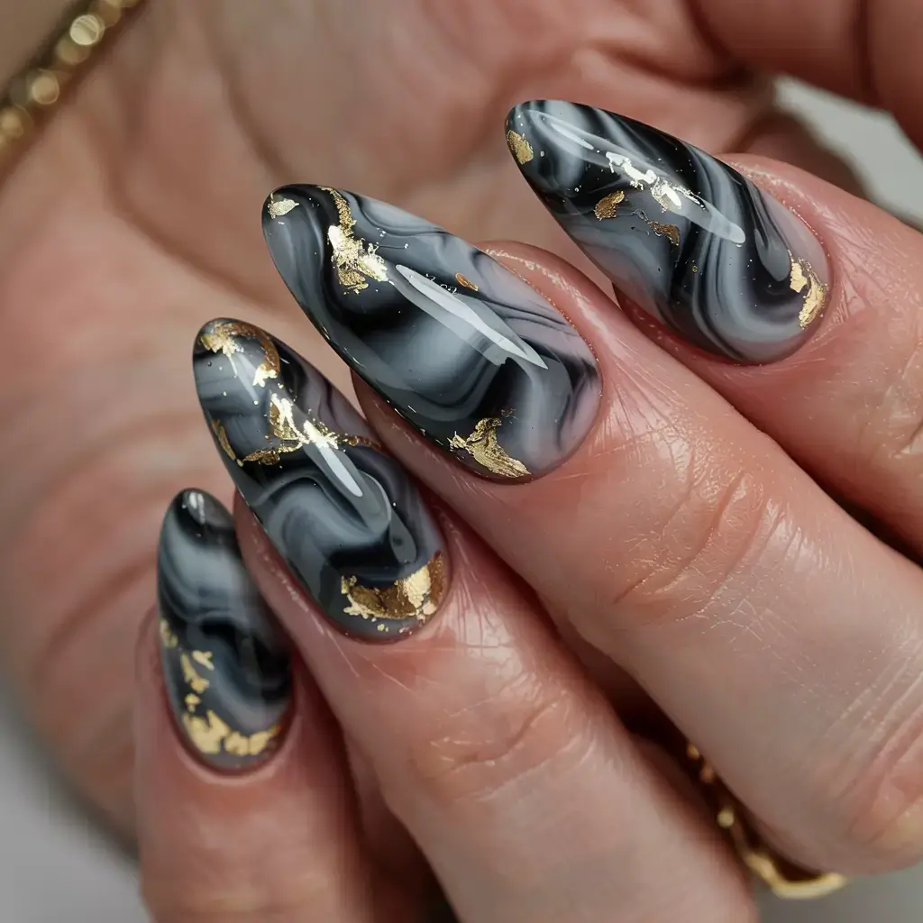 fall marble nails 2025 Black Marble with Gold Accents