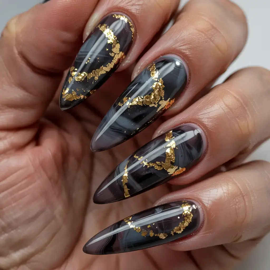 fall marble nails 2025 Charcoal Gold Marble