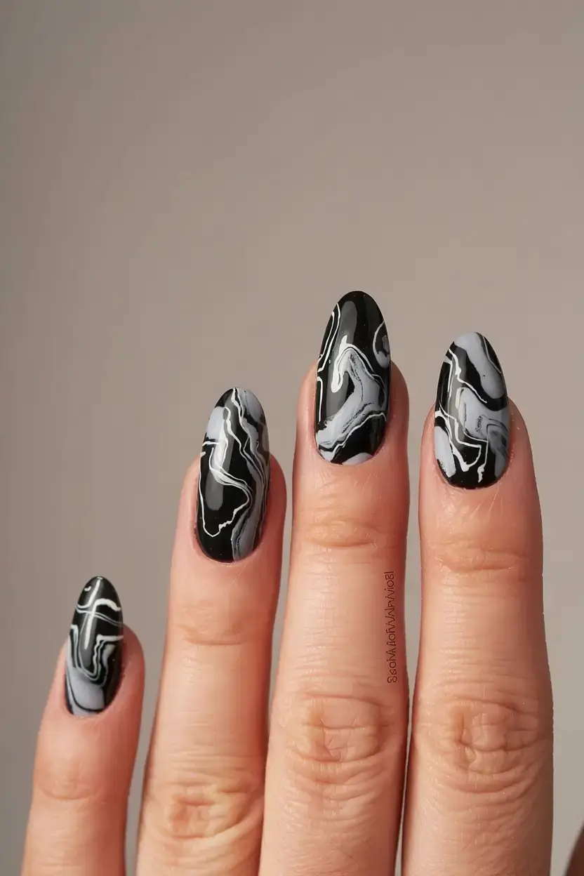fall marble nails 2025 Monochrome Marble Drama