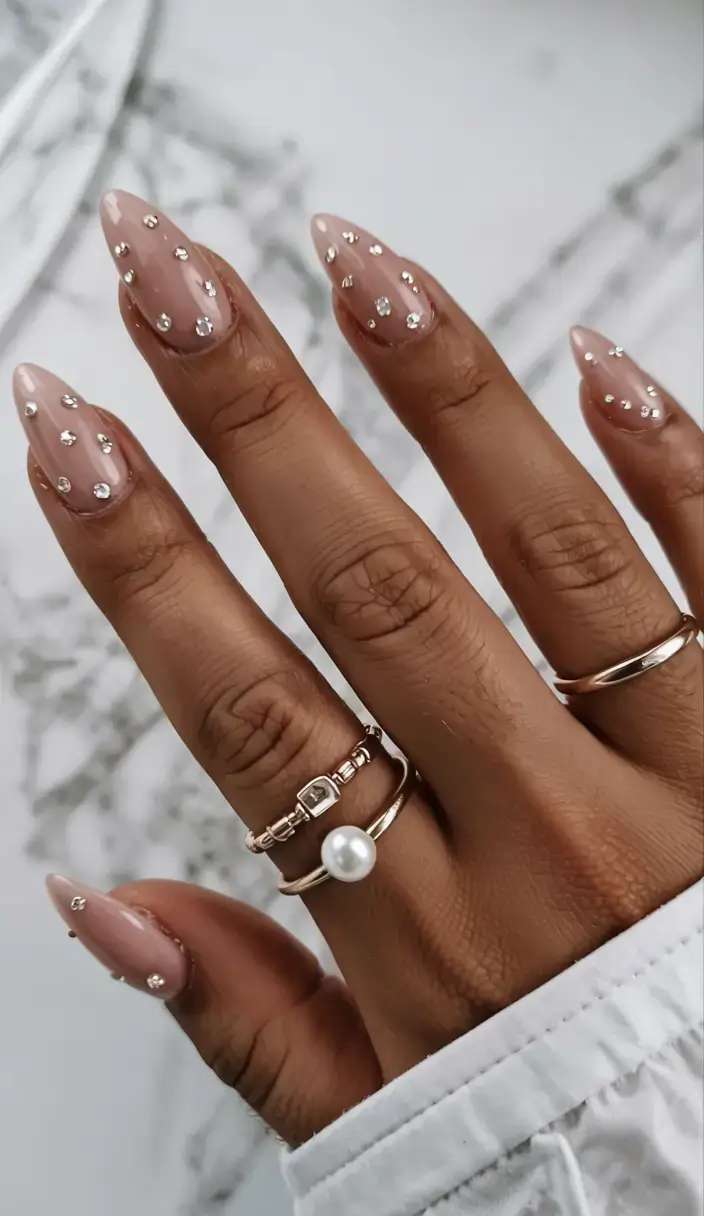 fall rhinestone & embellished nails 2025 Soft Nude Sparkle