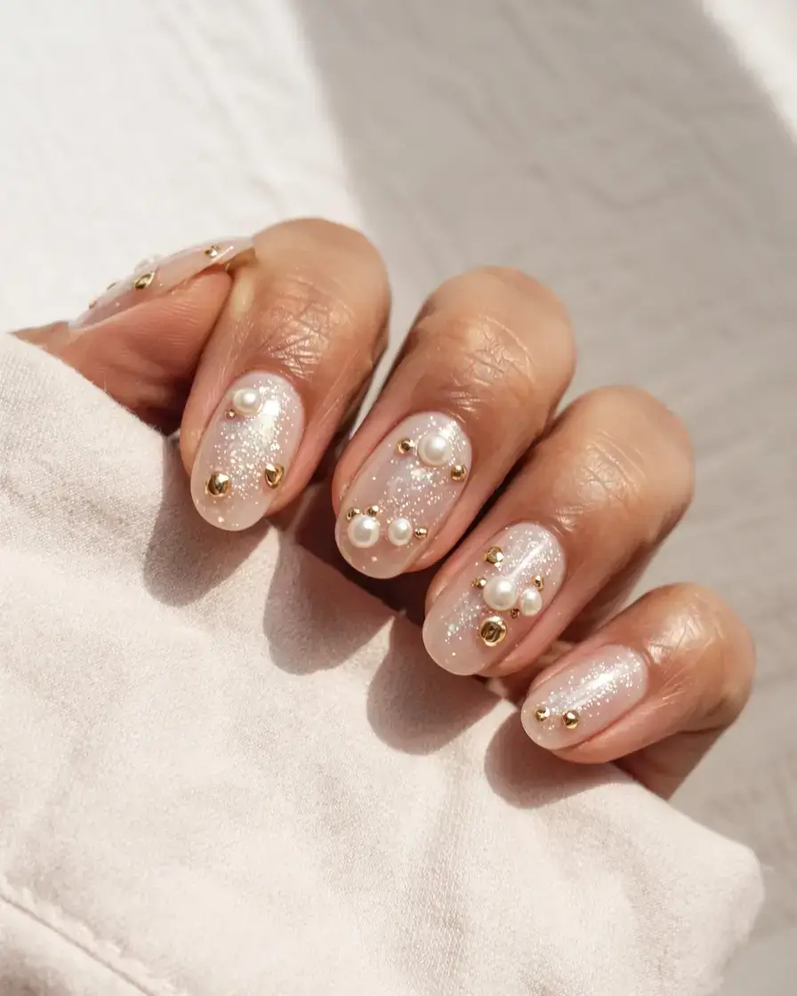 fall rhinestone & embellished nails 2025 Golden Pearl Glow