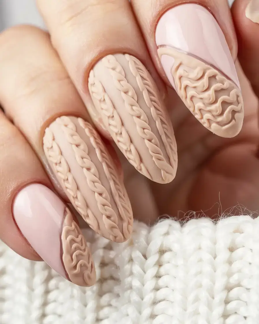 fall sweater nails 2025 Diagonal Knit Accents in Nude