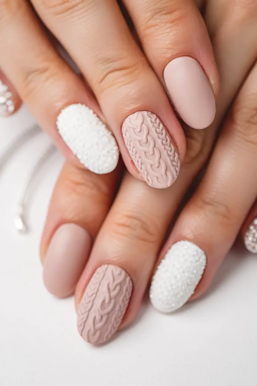 fall sweater nails 2025 Blush Neutrals with Cozy Texture