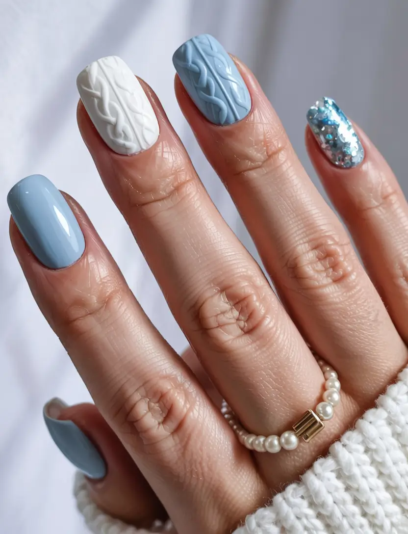 fall sweater nails 2025 Powder Blue and Winter White