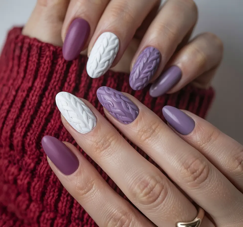 fall sweater nails 2025 Lavender Knits with White Contrast