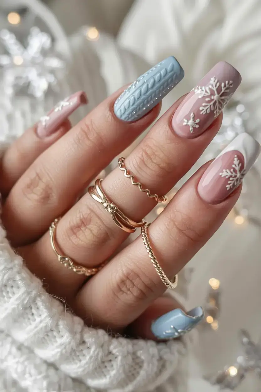fall sweater nails 2025 Snowflakes and Baby Blue Comfort