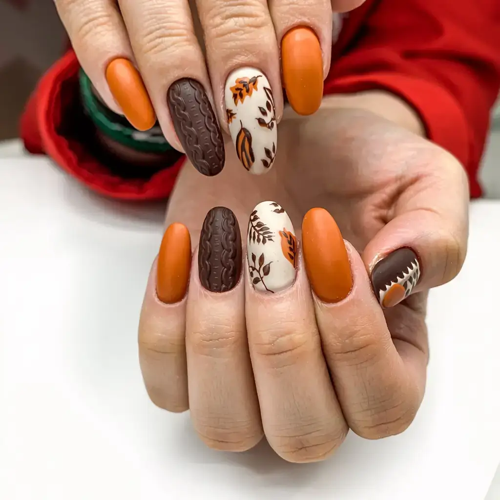 fall sweater nails 2025 Golden Pumpkin and Autumn Leaves