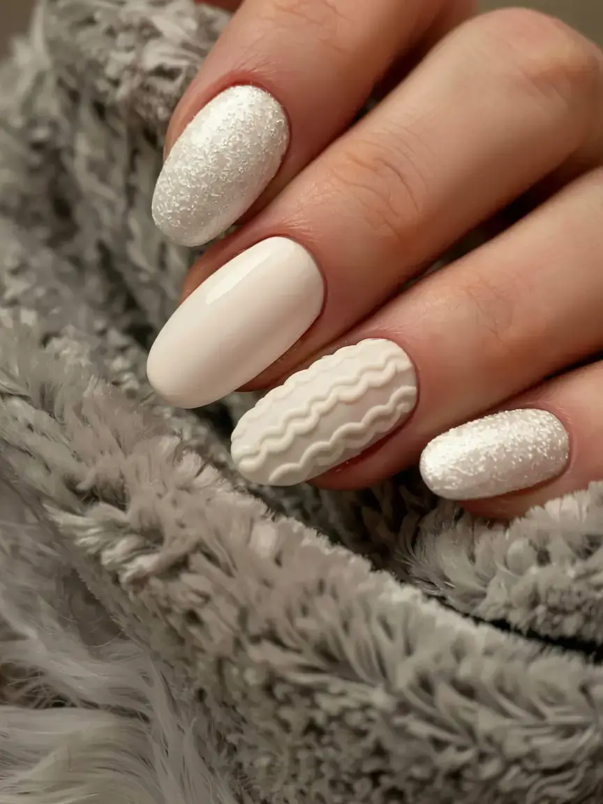 fall sweater nails 2025 Snowy Neutrals with Texture