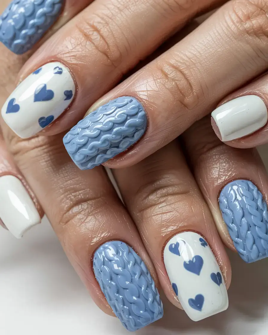fall sweater nails 2025 Blue Hearts and Cozy Knits