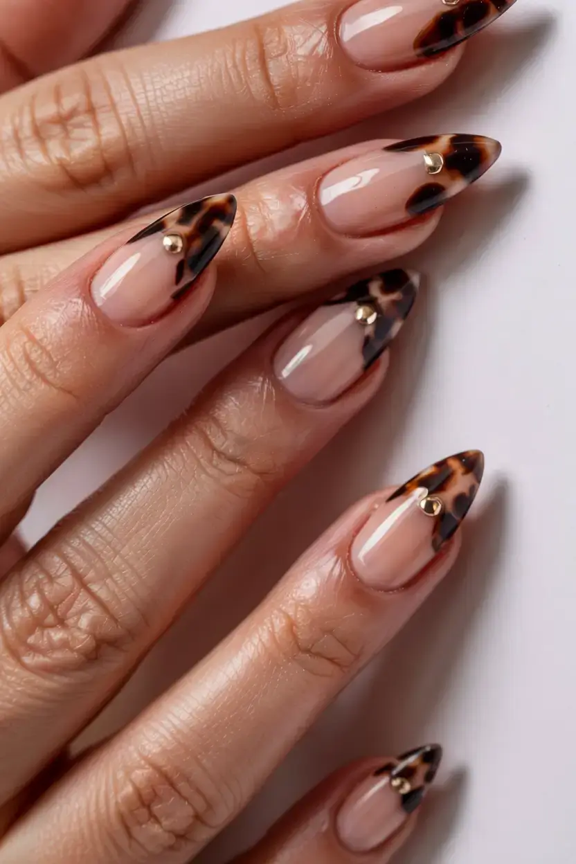 fall tortoiseshell nails 2025 Tortoiseshell French with Golden Studs