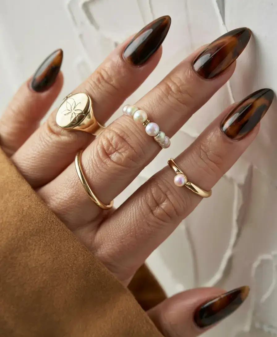 fall tortoiseshell nails 2025 Elegant Elongated Tortoiseshell