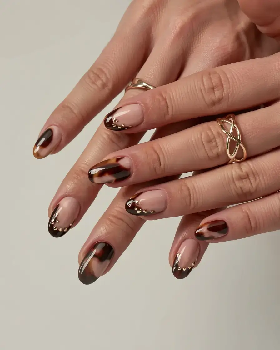 fall tortoiseshell nails 2025 Studded French Tortoiseshell