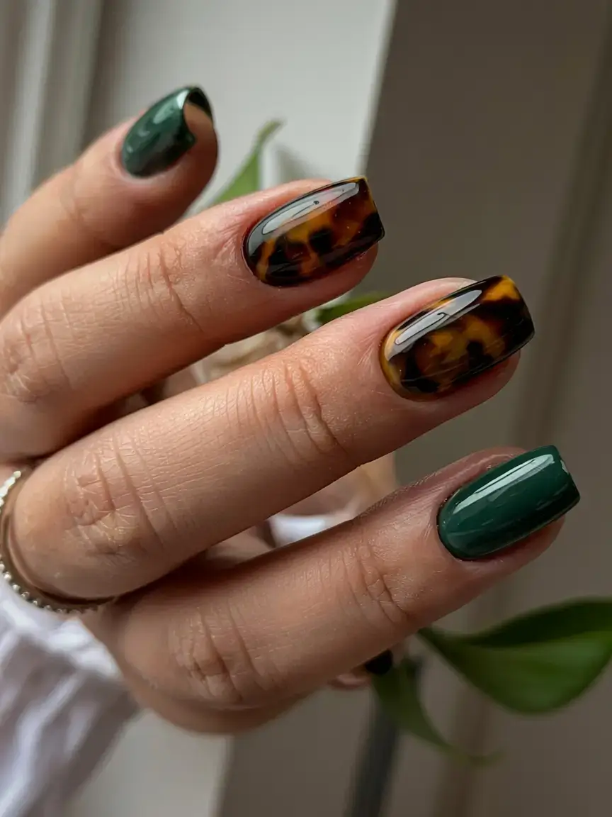 fall tortoiseshell nails 2025 Emerald Contrast