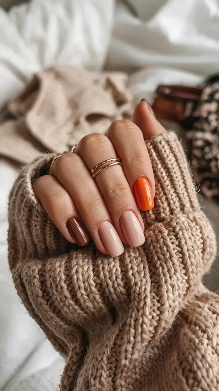 october nails design fall trends for 2025 Minimalist Neutrals with a Pop of Pumpkin