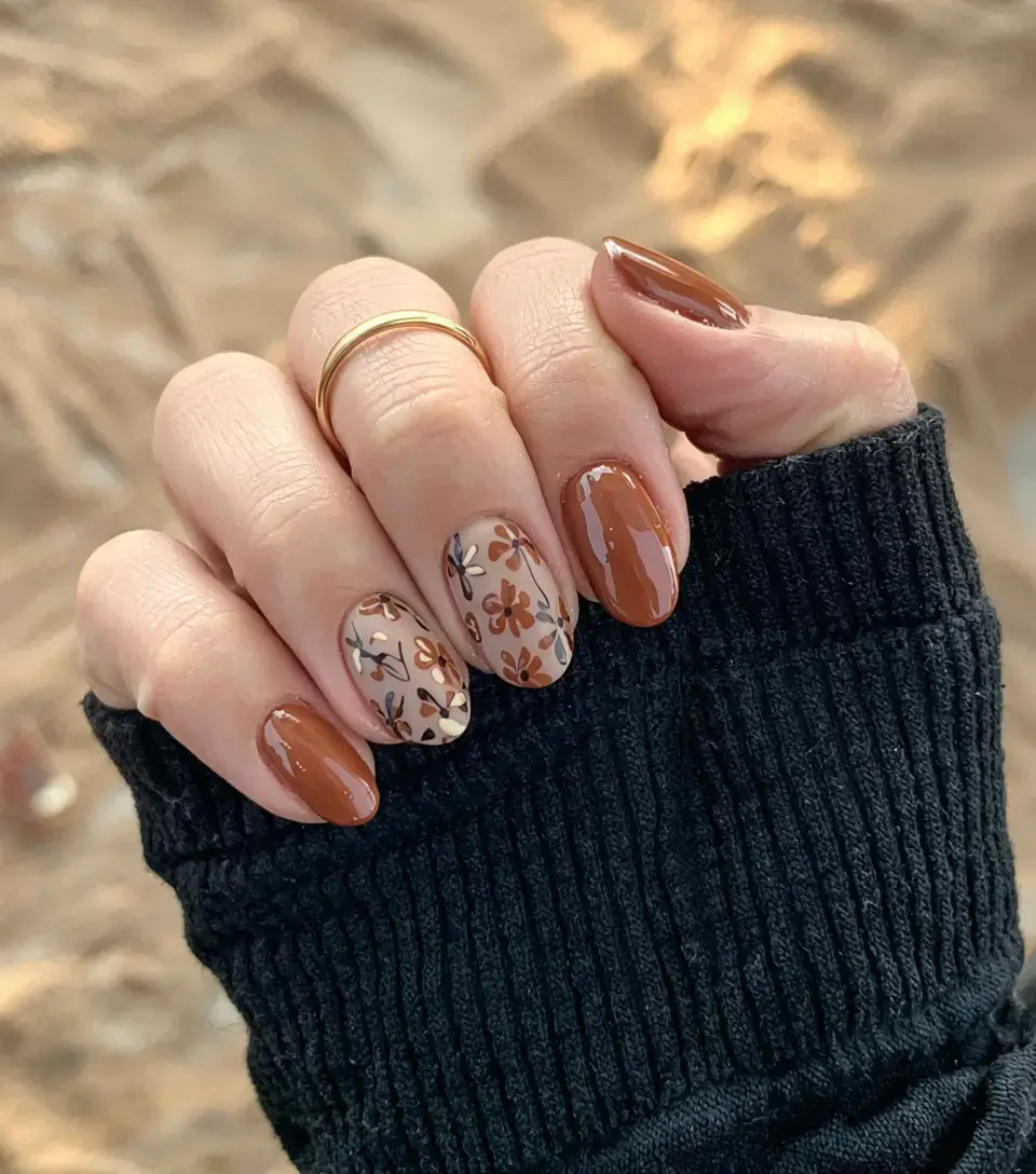 october nails design fall trends for 2025 Rustic Florals in Burnt Caramel