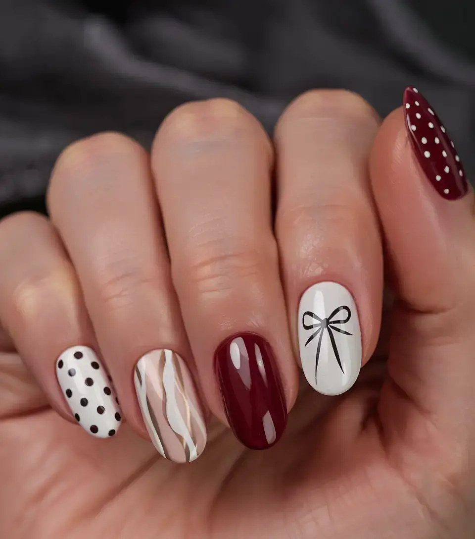 october nails design fall trends for 2025 Playful Polka Dots and Elegant Bows