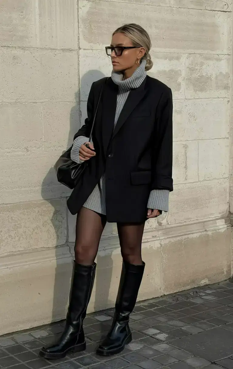 october outfits ideas fall 2025 Oversized Blazer and Sweater-Dress Duo