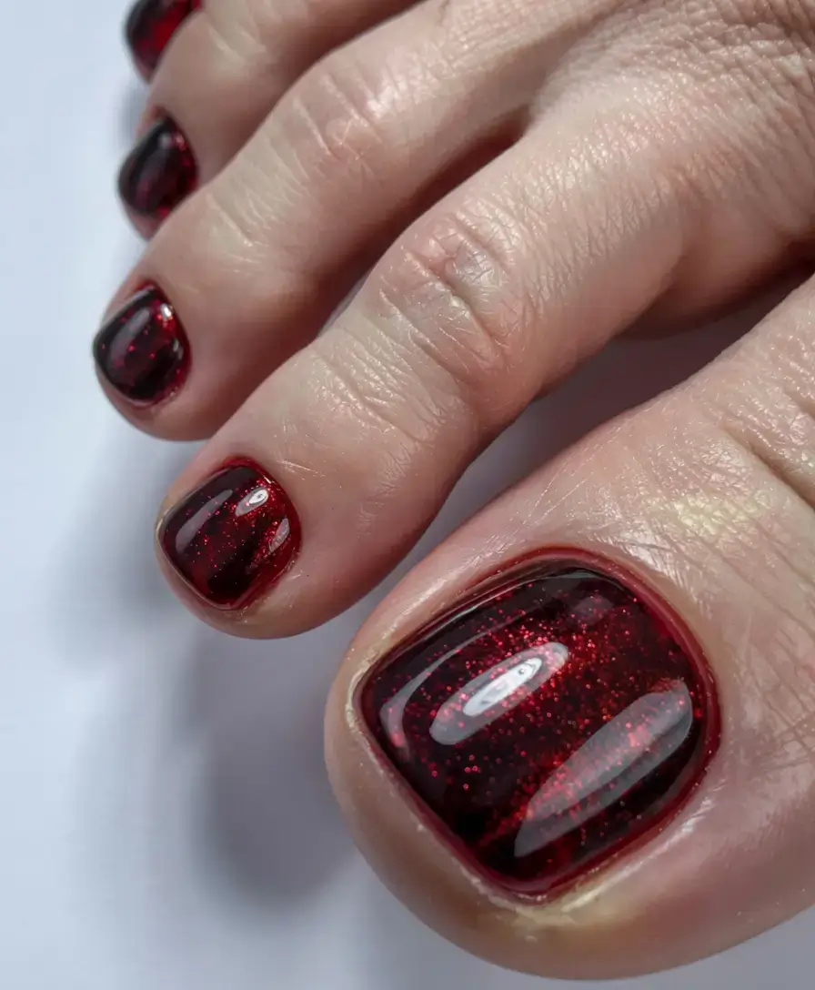 october toe nails ideas fall 2025 trends Crimson Glitter Luxe