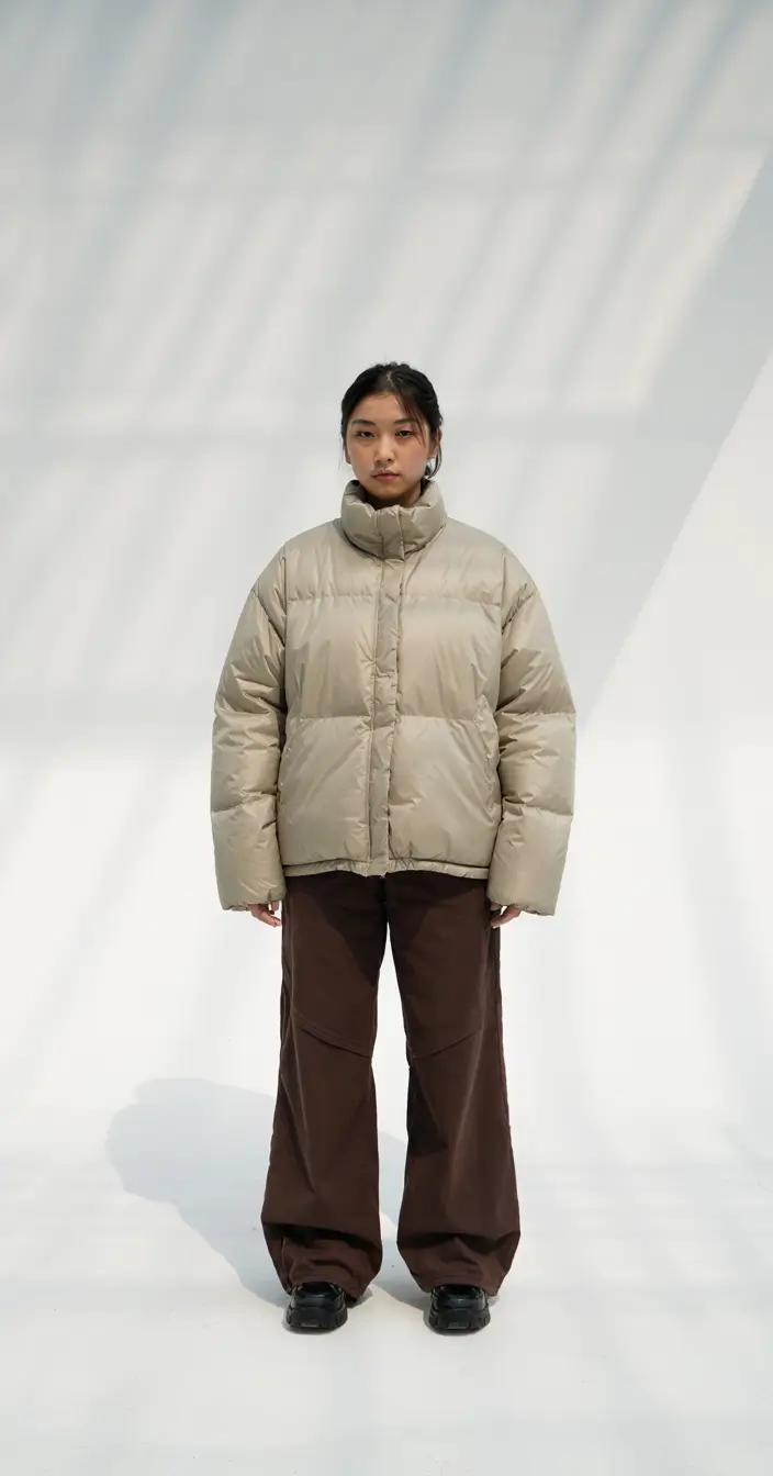 puffer jacket outfit winter 2025 2026 Minimalist Sand and Chocolate Contrast