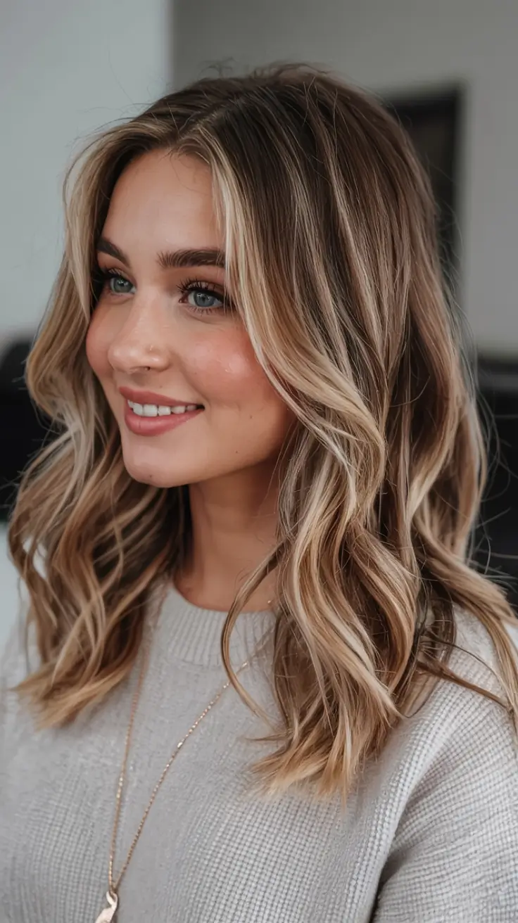 soft winter hair colors 2025 2026 Warm Blonde Highlights on Layered Cut