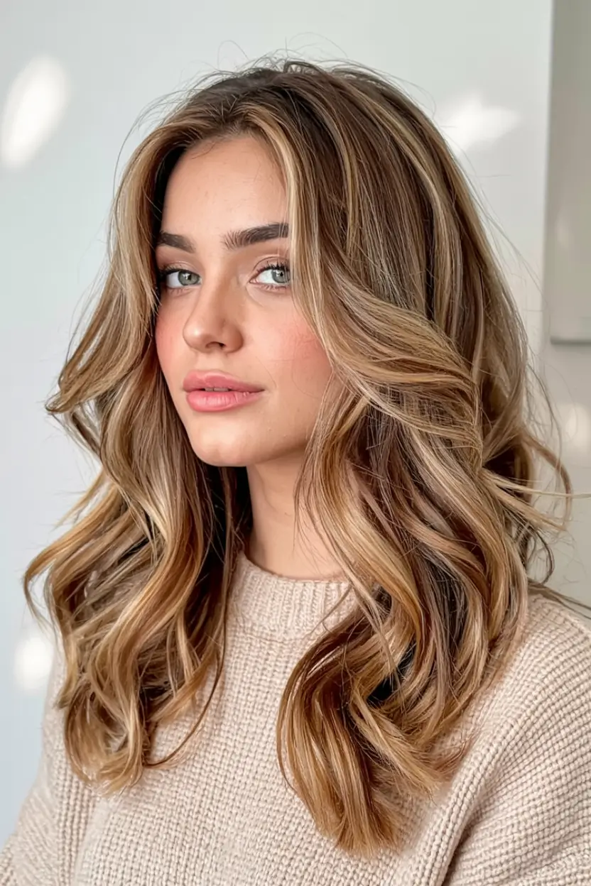 soft winter hair colors 2025 2026 Honey-Toned Balayage Waves