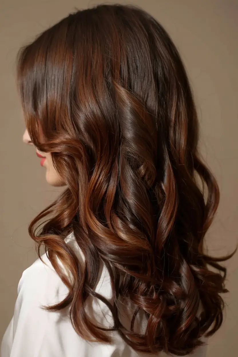 soft winter hair colors 2025 2026 Glossy Chestnut Curls