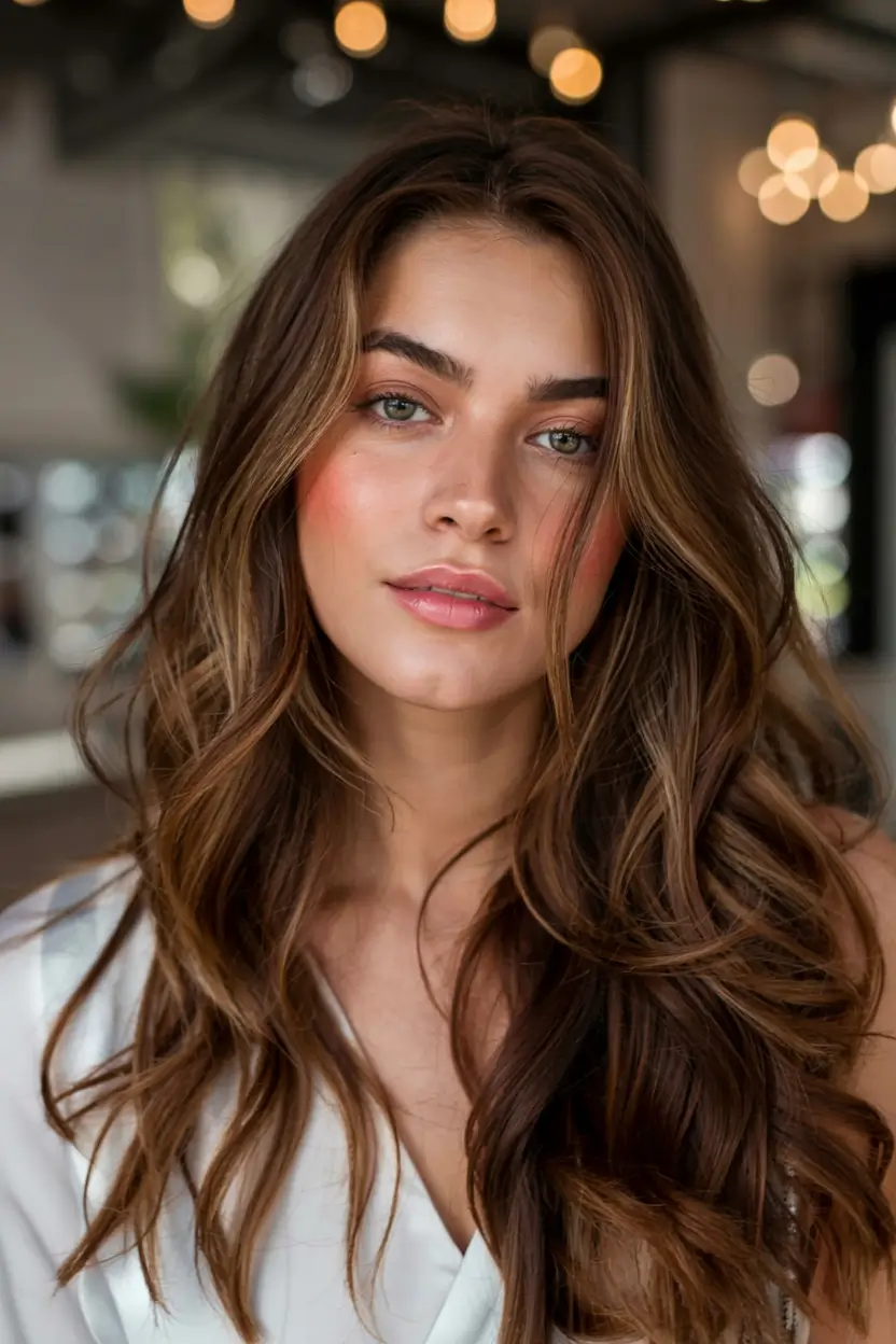 soft winter hair colors 2025 2026 Chestnut Brown with Golden Threads