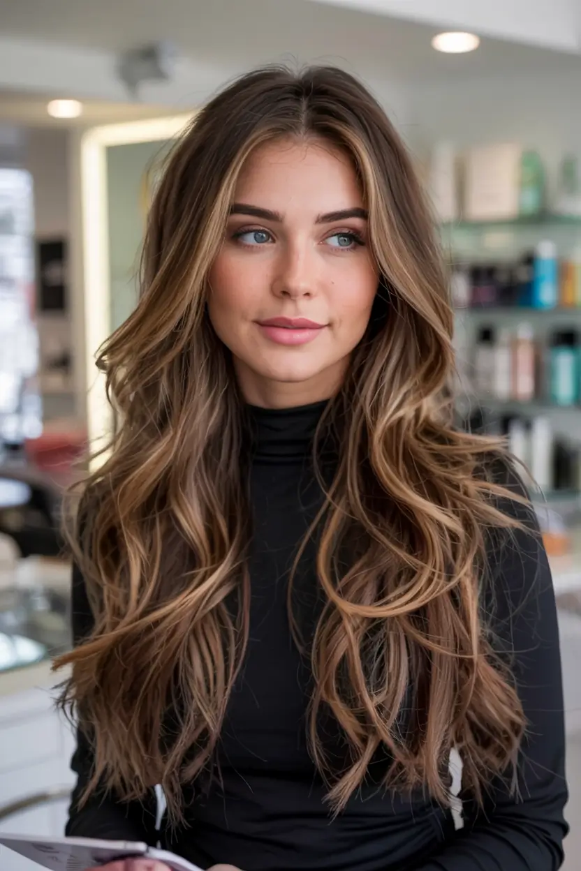 soft winter hair colors 2025 2026 Glossy Chestnut with Caramel Dimension