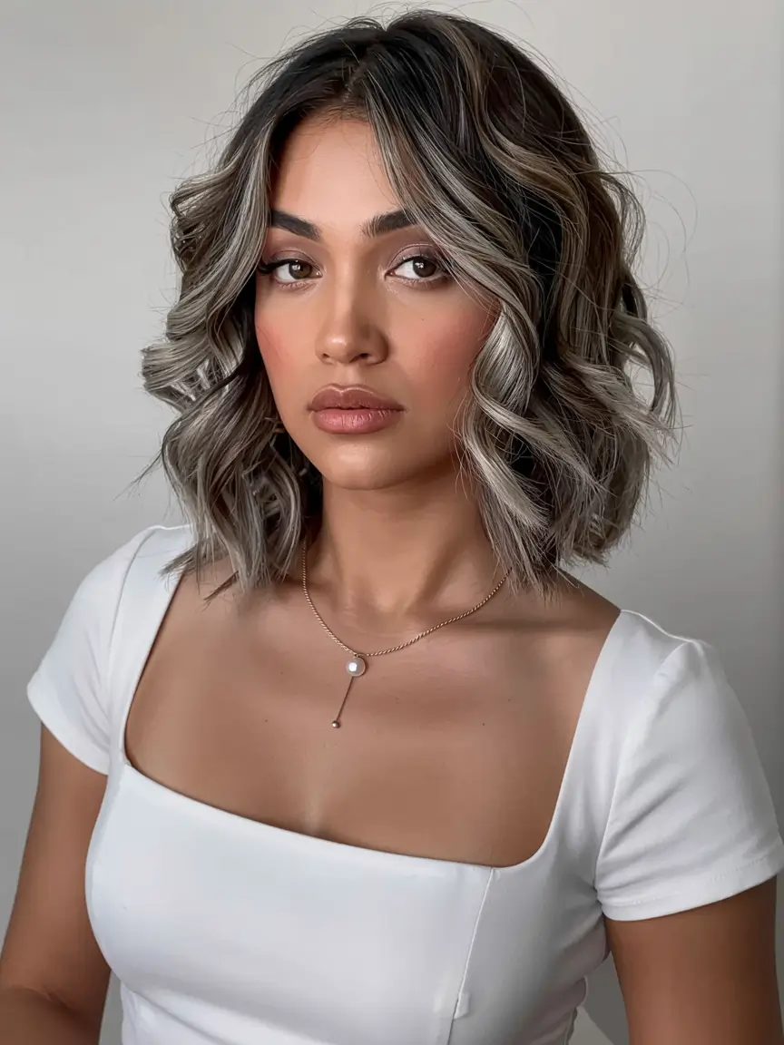 soft winter hair colors 2025 2026 Smoky Silver Curls with Depth
