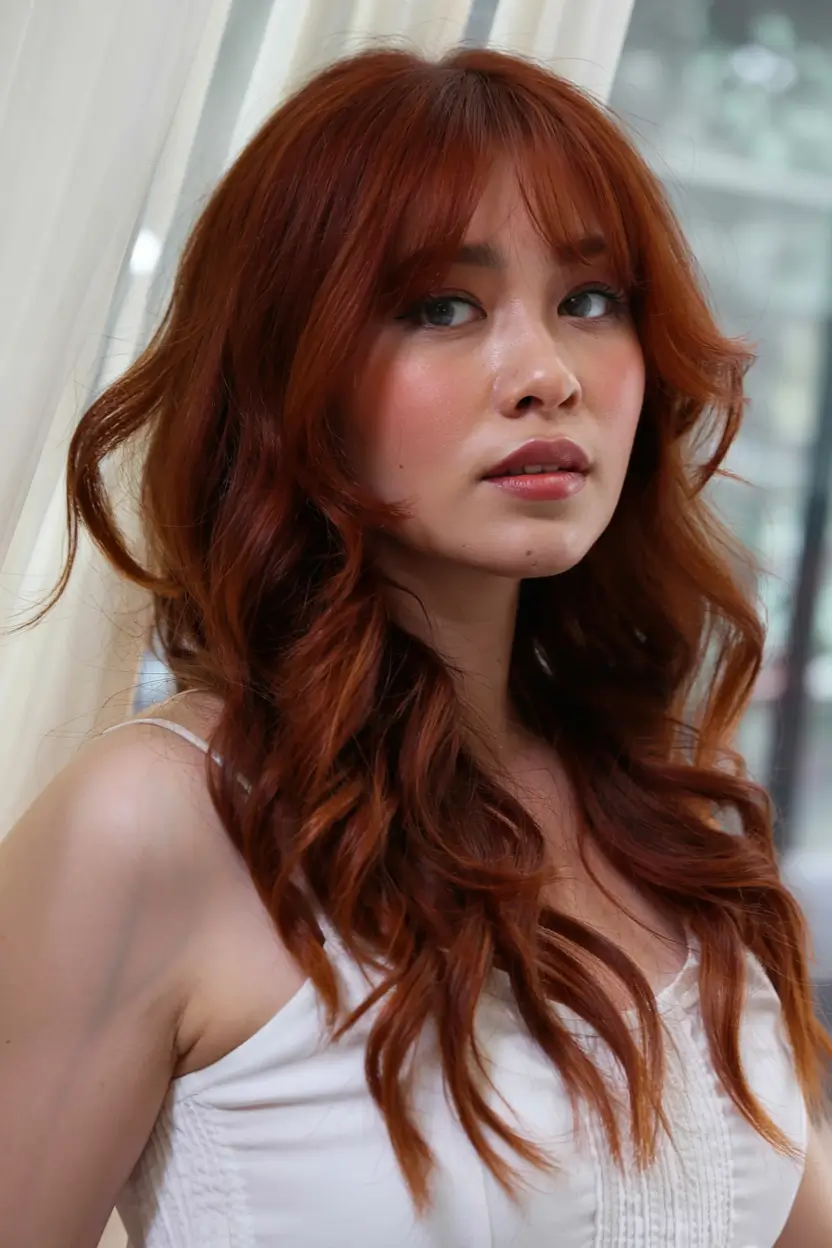 trending hair colors winter 2025 2026 Fiery Red With Wispy Fringe