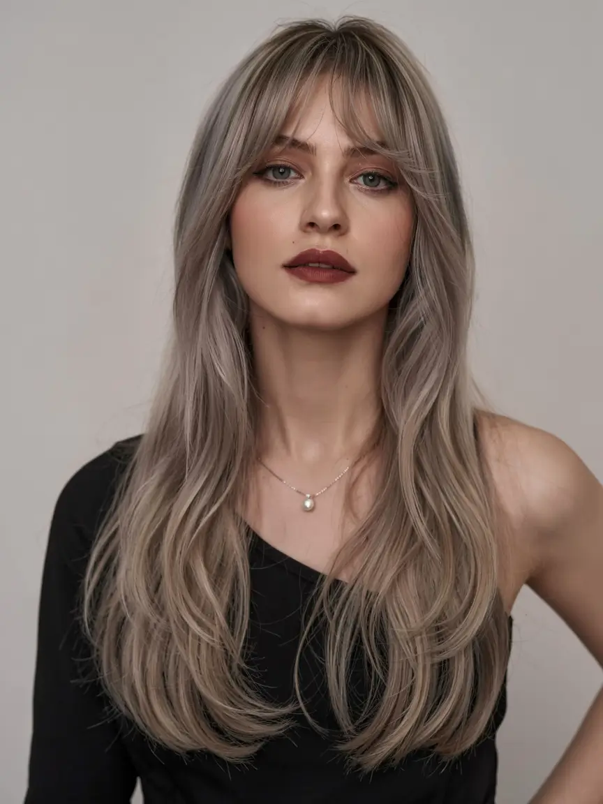 trending hair colors winter 2025 2026 Ash Silver With Modern Fringe