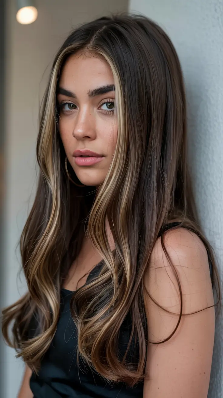 trending hair colors winter 2025 2026 Glossy Brunette With Sleek Highlights
