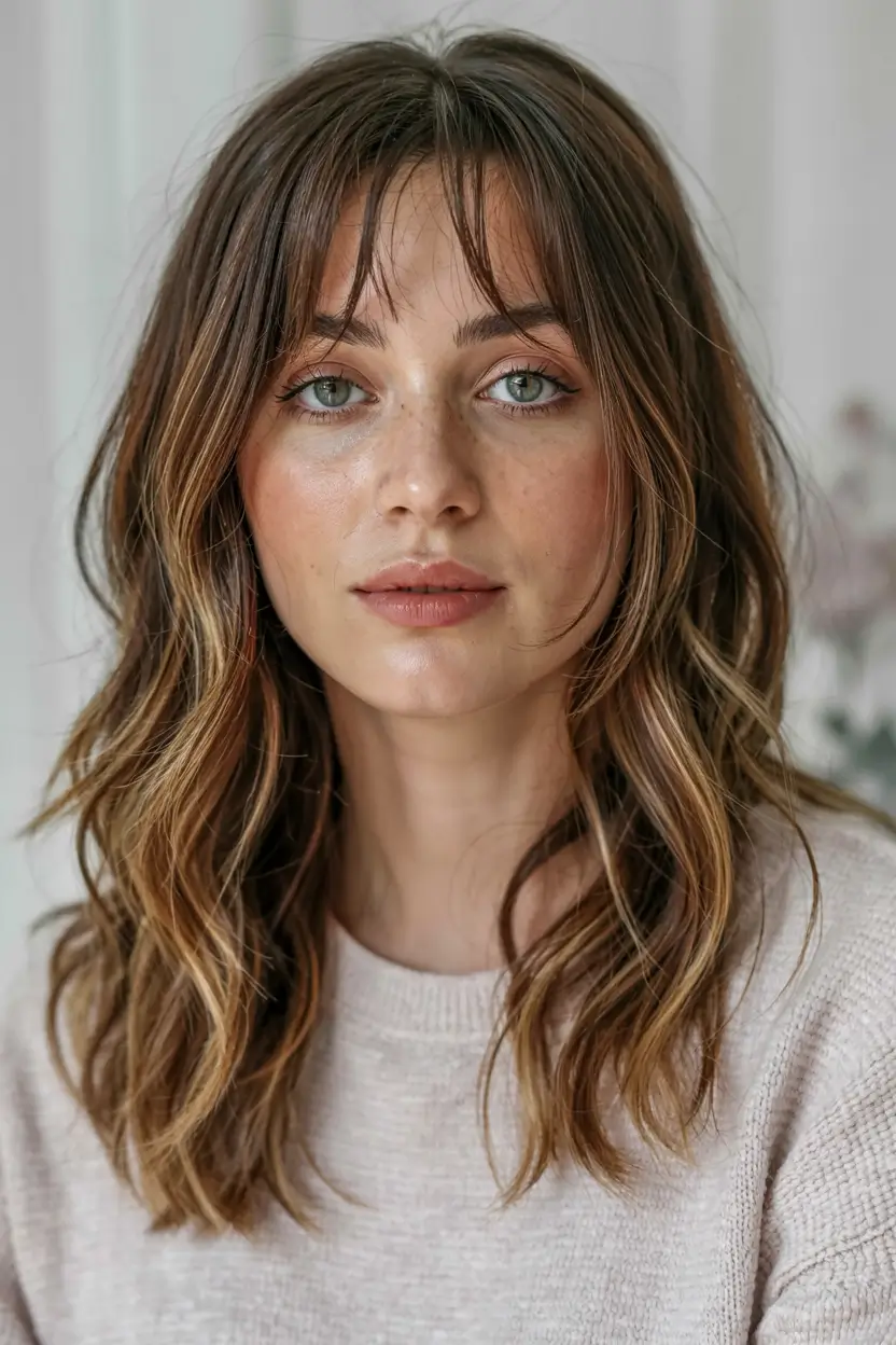 trending hair colors winter 2025 2026 Bronzed Brunette With Curtain Bangs
