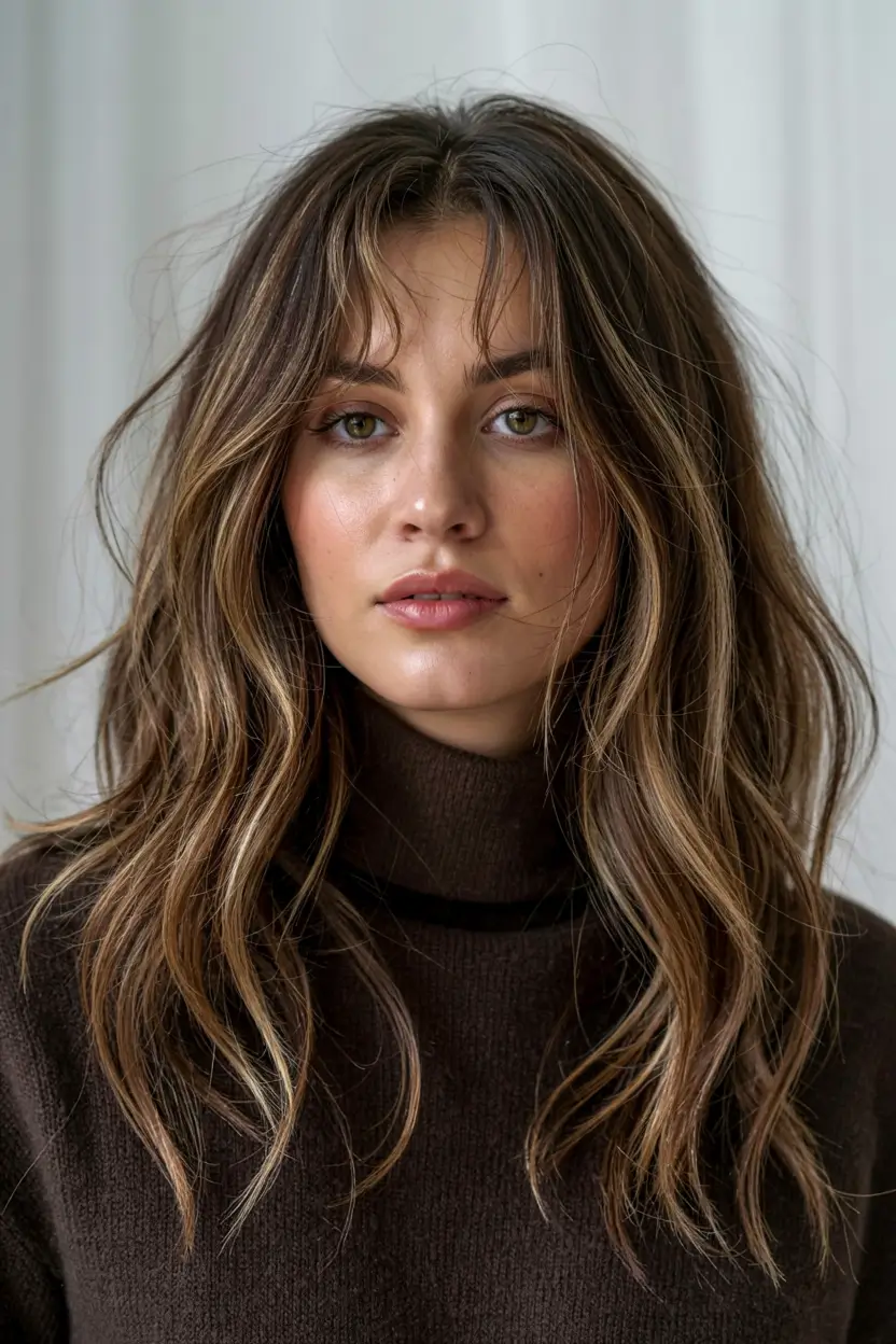 trending hair colors winter 2025 2026 Bronzed Layers With Curtain Bangs