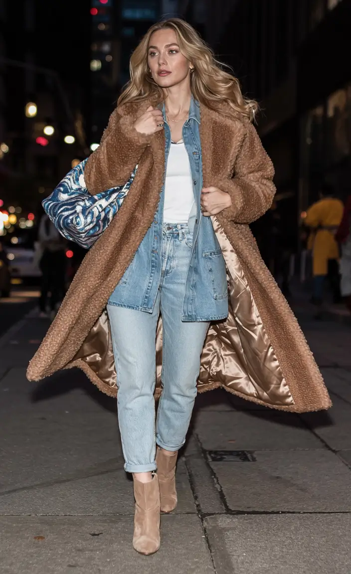 trendy winter outfits ideas 20252026 Teddy Coat with Denim Layers